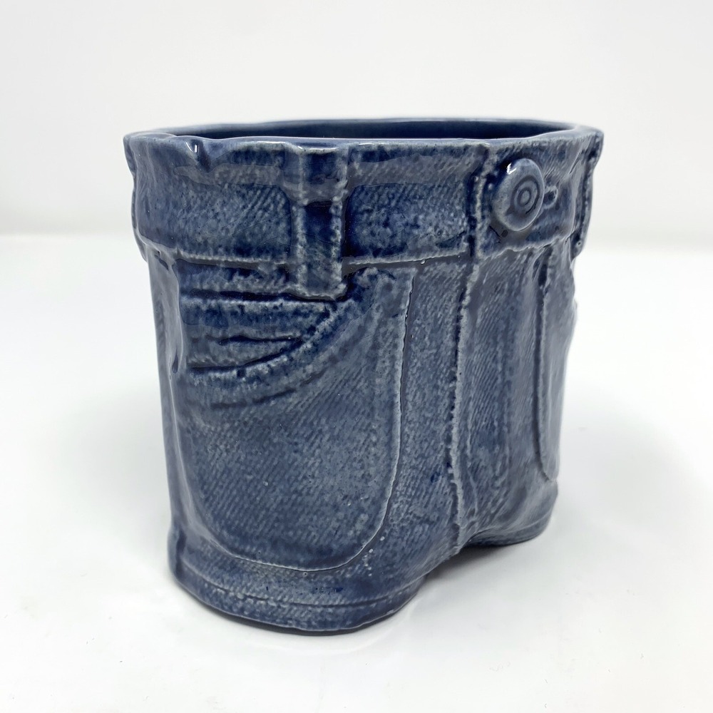 Vintage DENIM Look Blue Jeans Ceramic Planter Vase Textured Pop Art Novelty - Picture 3 of 11